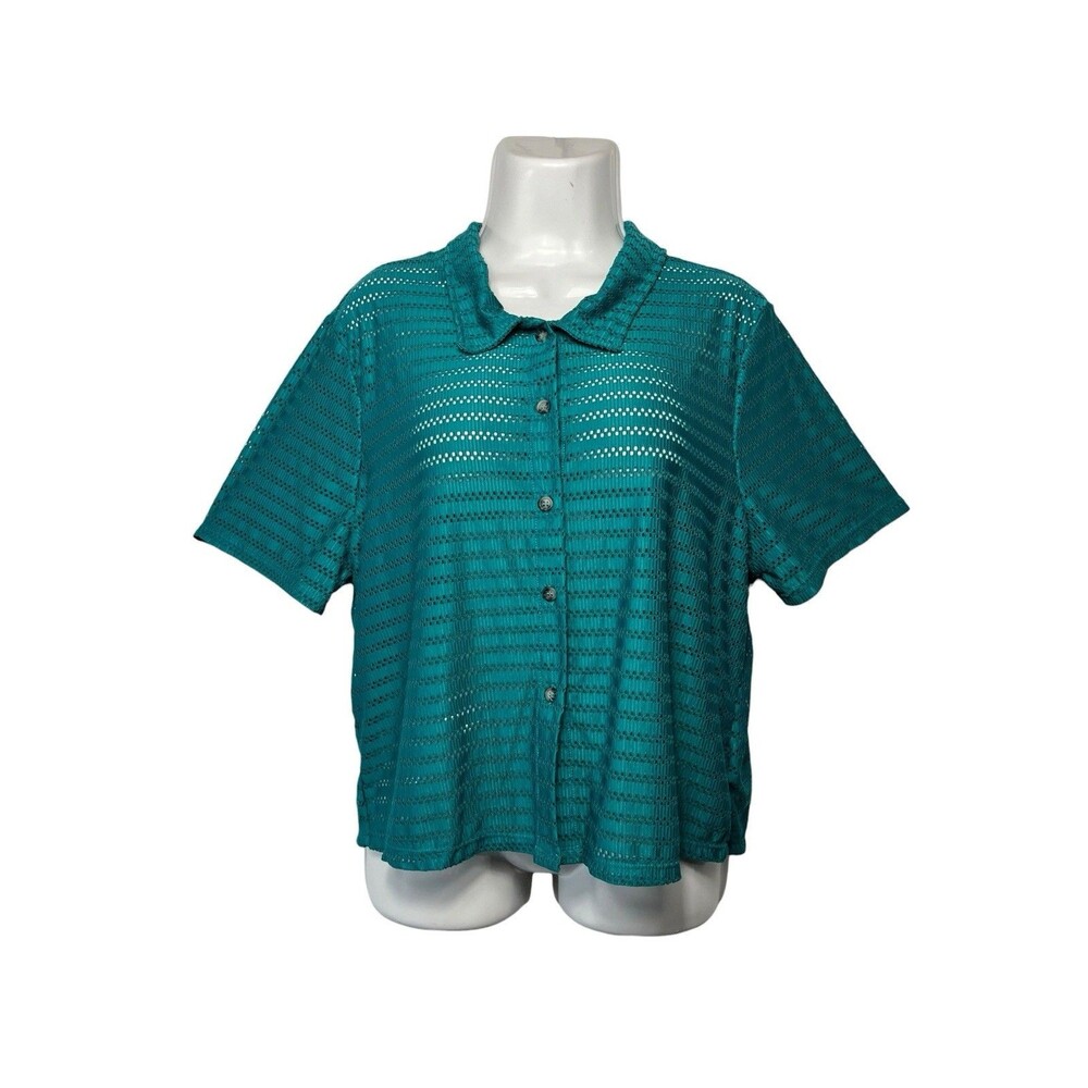 Hurley Woman XL Shirt Green Crochet Knit Button Up Short Sleeve Cover Up Top